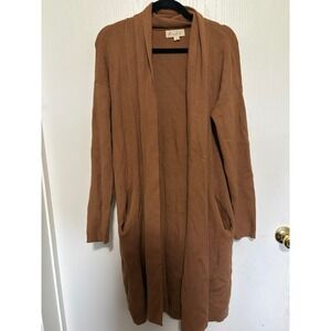 Marled Brown Ribbed Knit Longline Duster Cardigan Sweater Open Front Pockets M